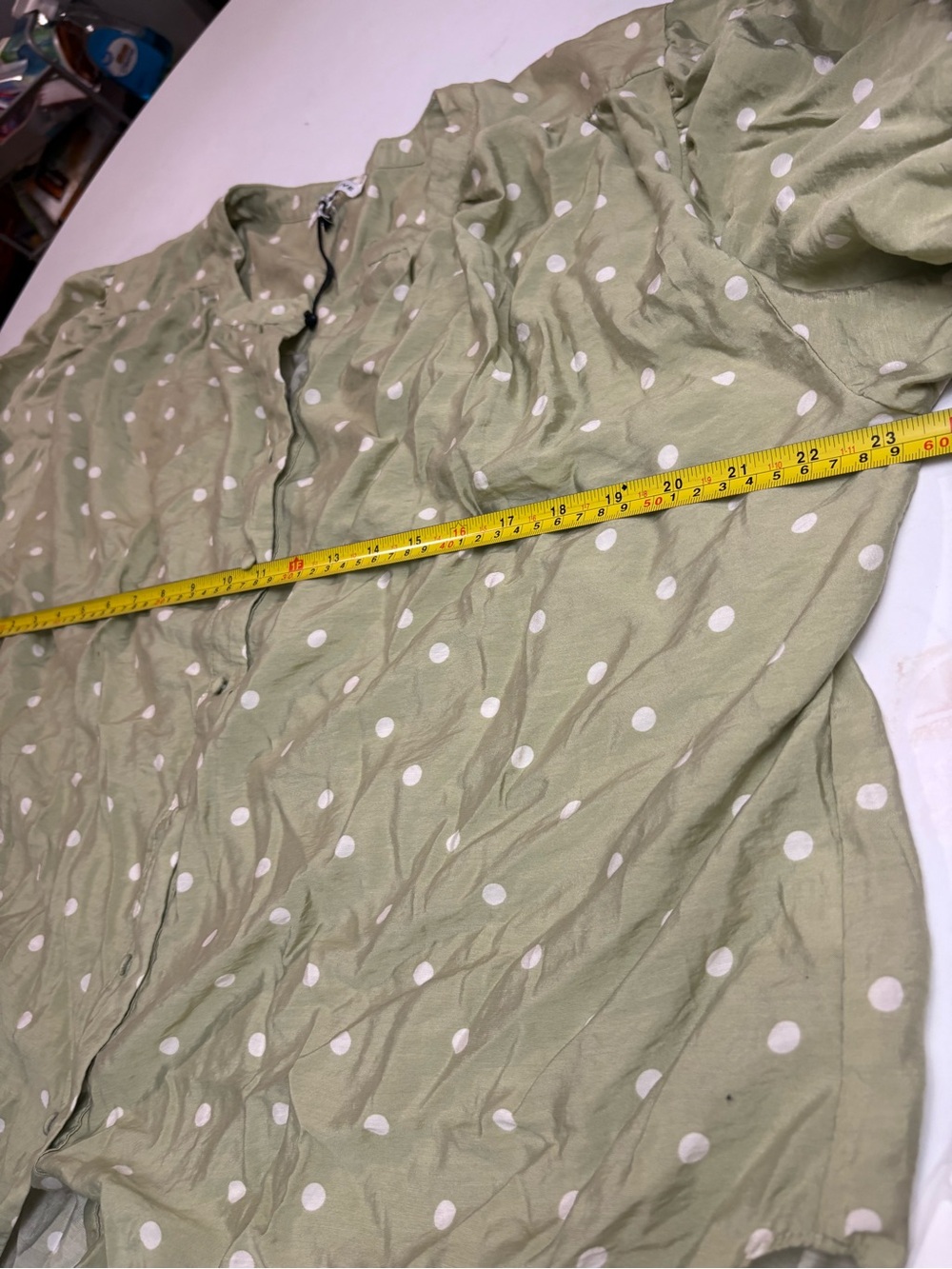Rose & Olive Pale Sage Green Polka Dot Button-Front Blouse #boho-chic #festivals - Picture 6 of 13